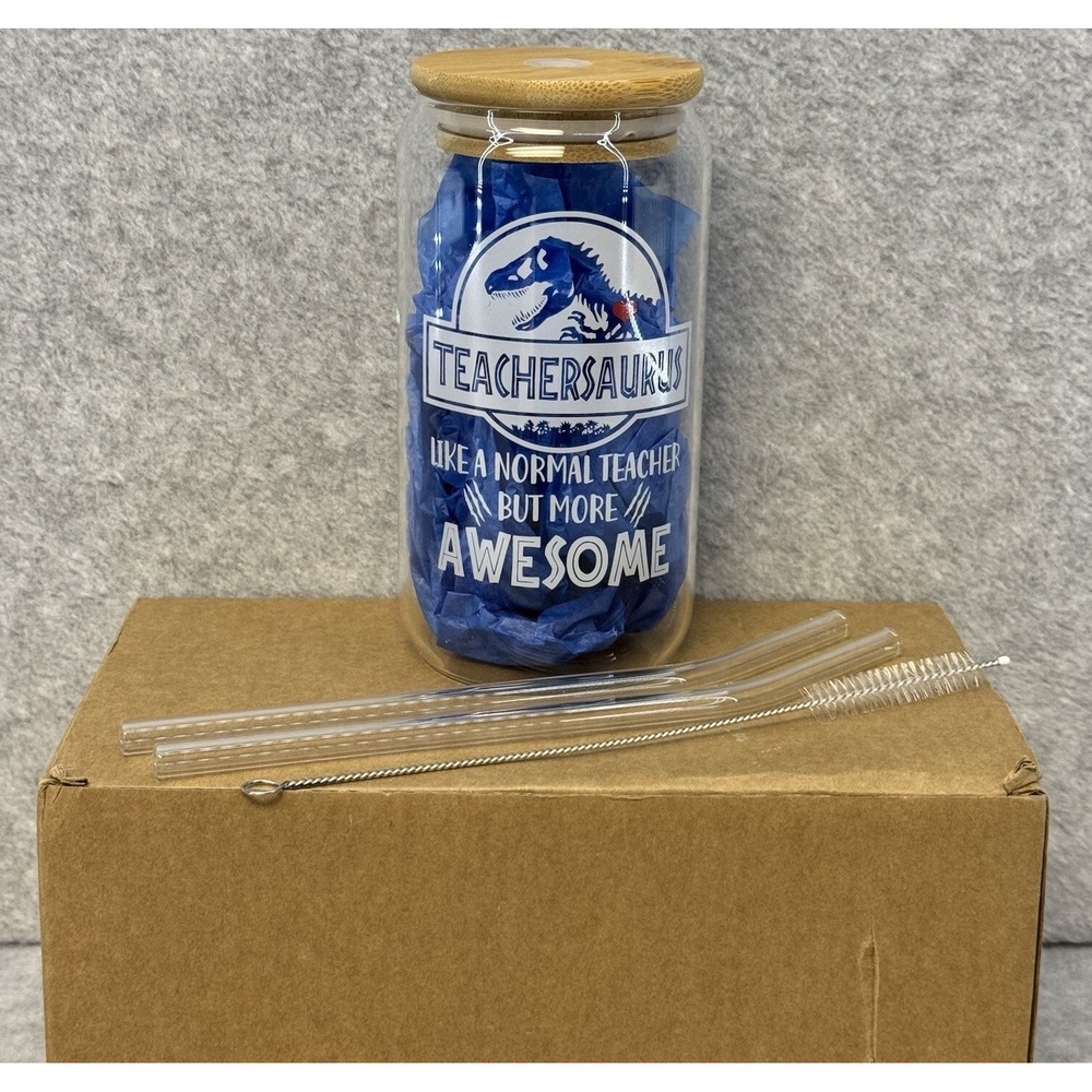 Gifts for Teacher Glass Cup Tumbler Straw Bamboo Lid Teachersaurus Can Glass - Picture 5 of 7